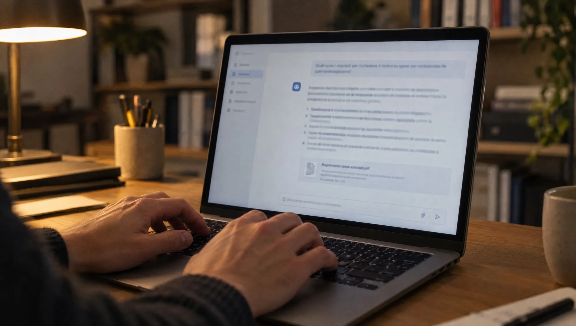 Assistente interno che risponde sullo schermo, testo che compare a pezzi
