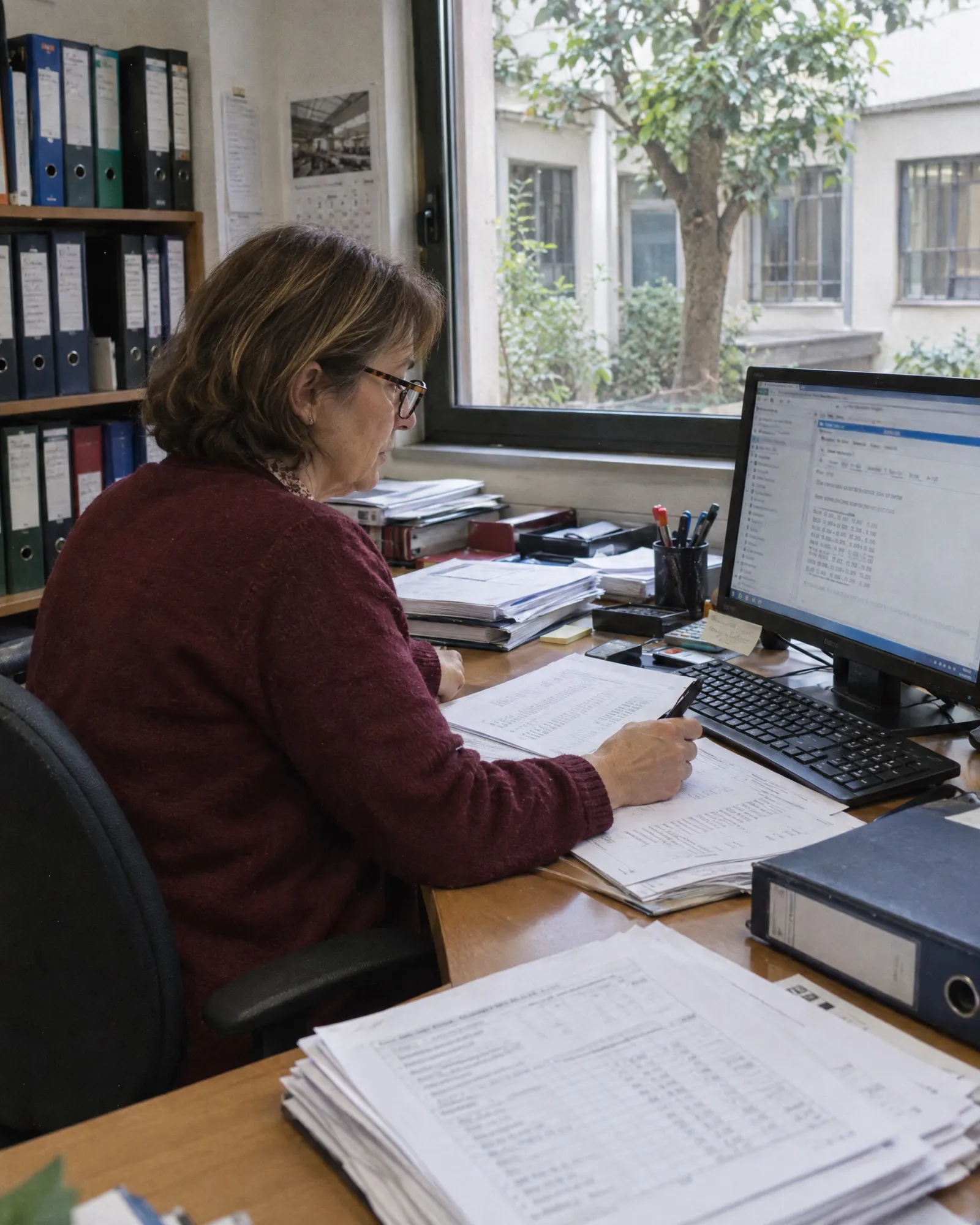 Impiegata fra preventivi di carta e dati copiati a mano da un foglio all'email