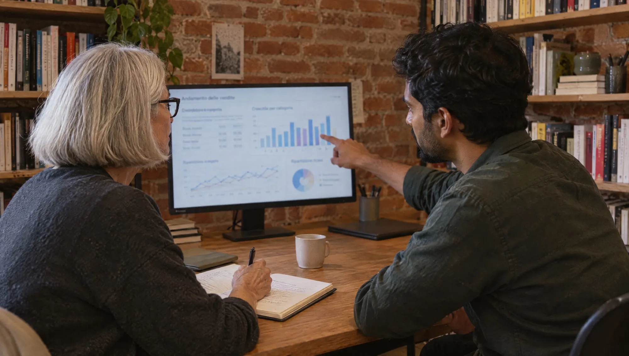 Schermo con grafici e due persone che discutono indicando i dati