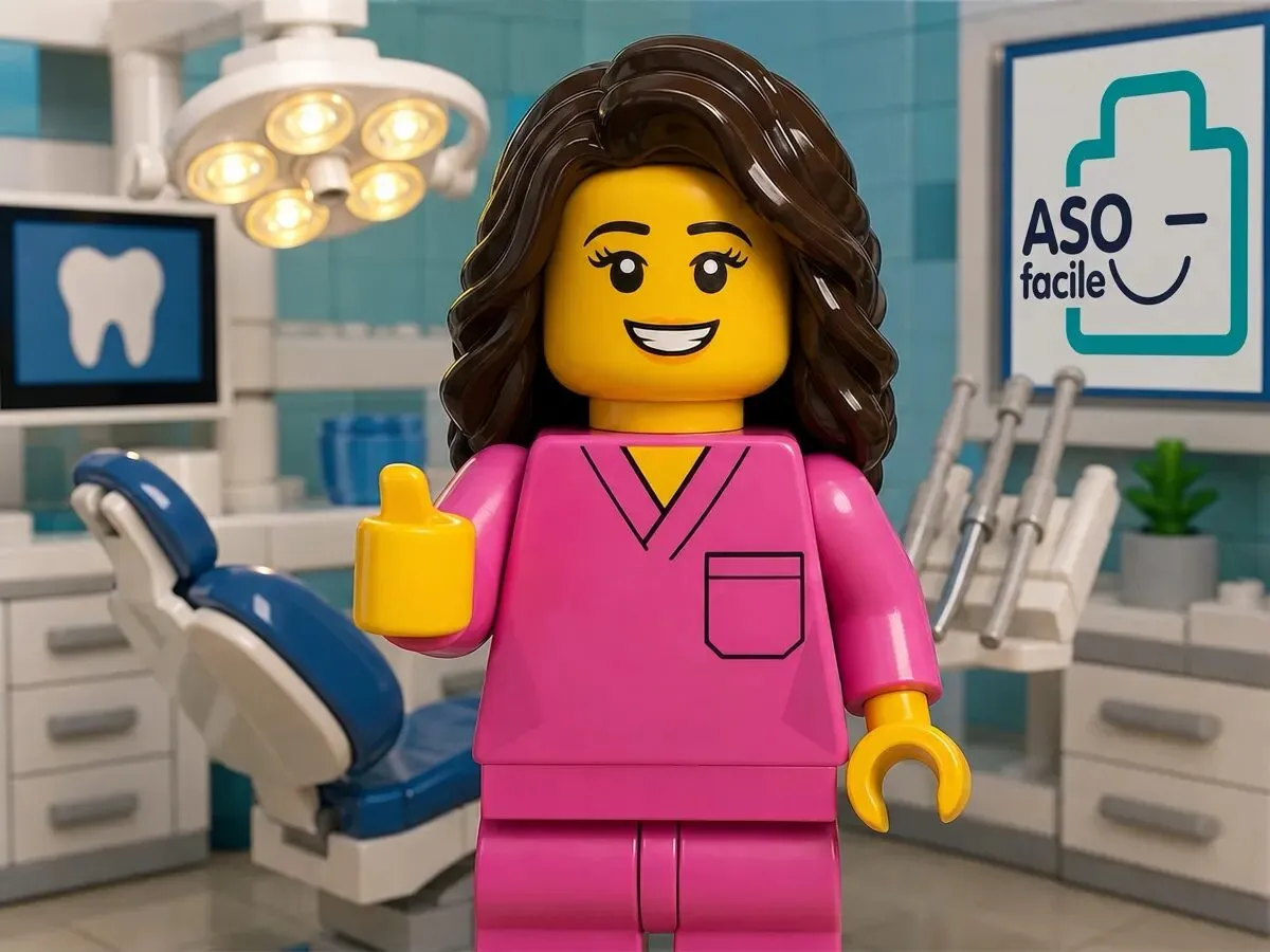La mascotte ASO Facile in mattoncini dentro uno studio dentistico