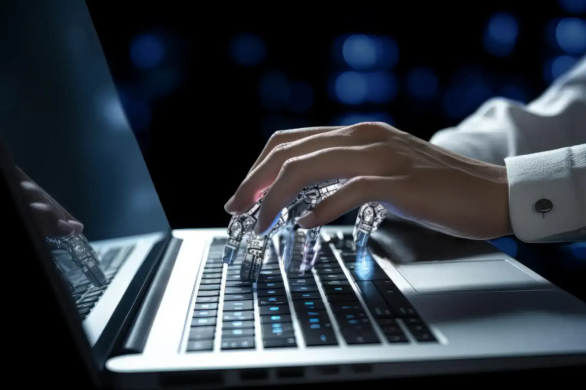 Mano umana e mano robotica trasparente che digitano insieme sulla tastiera di un laptop illuminata di blu
