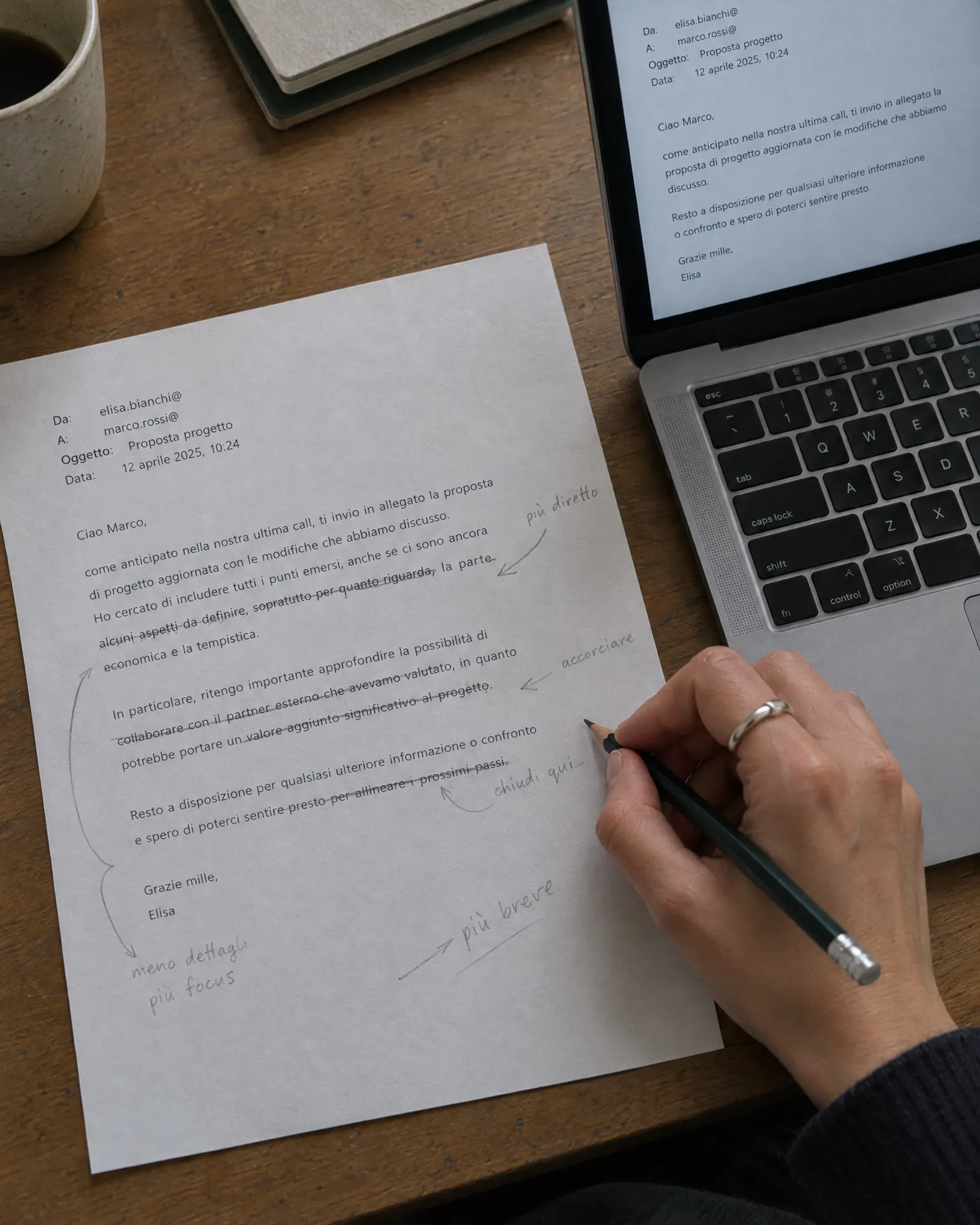 Bozza di email corretta a matita accanto al portatile