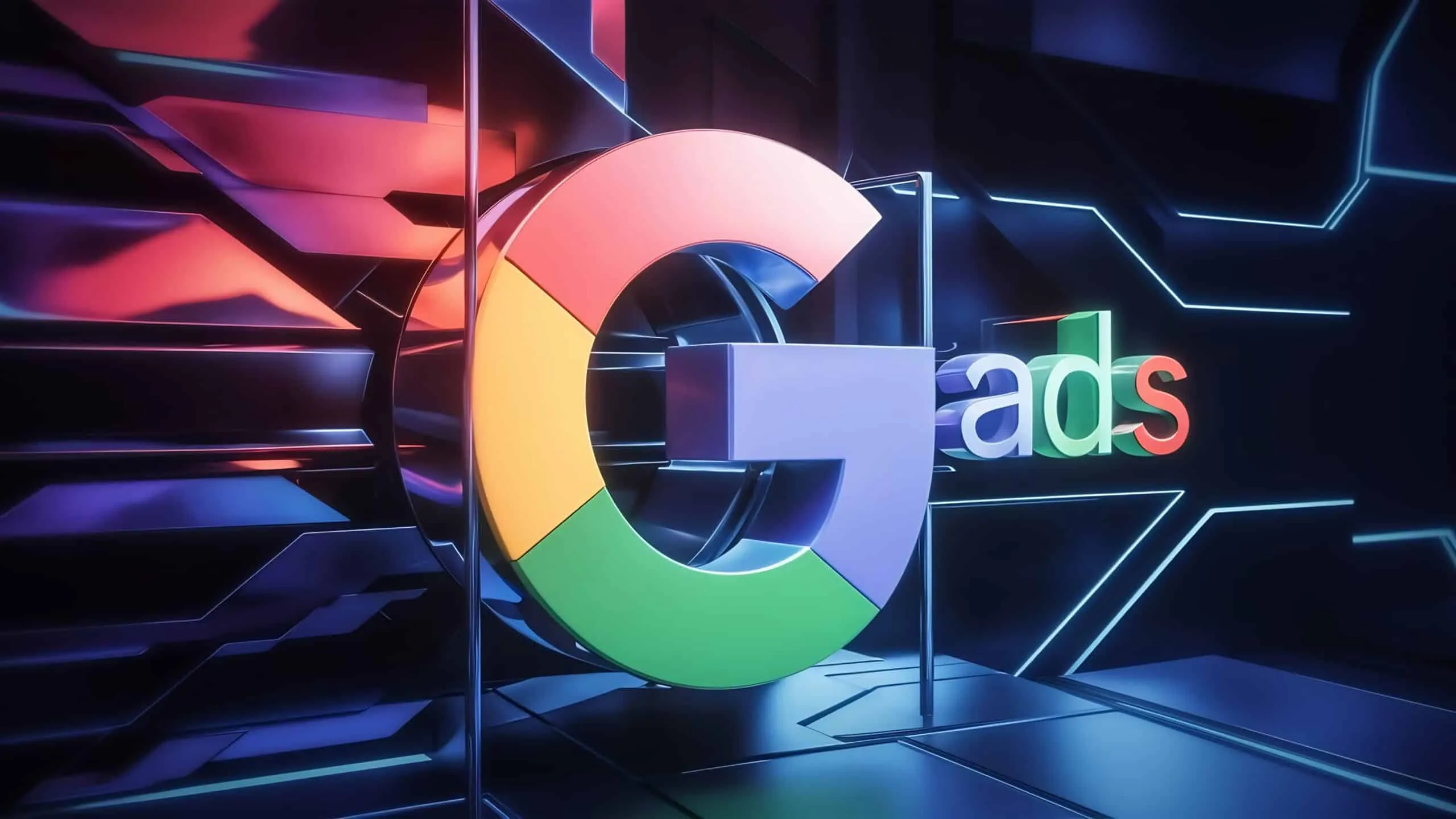 Grande logo G di Google in 3D accanto alla scritta ads, in un ambiente futuristico illuminato da luci neon blu e viola