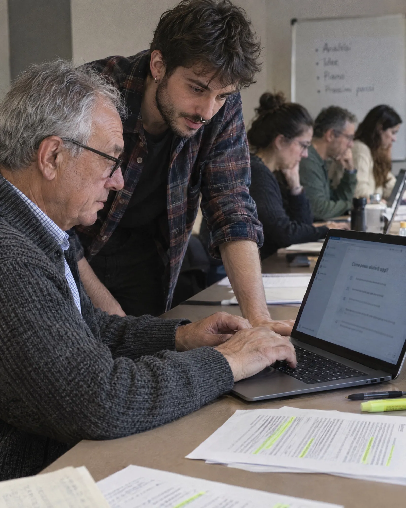 Dipendenti che lavorano sui propri documenti con l'assistente AI