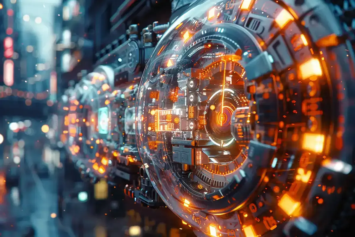 Meccanismo futuristico a ingranaggi circolari illuminato da luci arancioni, immagine simbolica dei motori di ricerca basati su AI