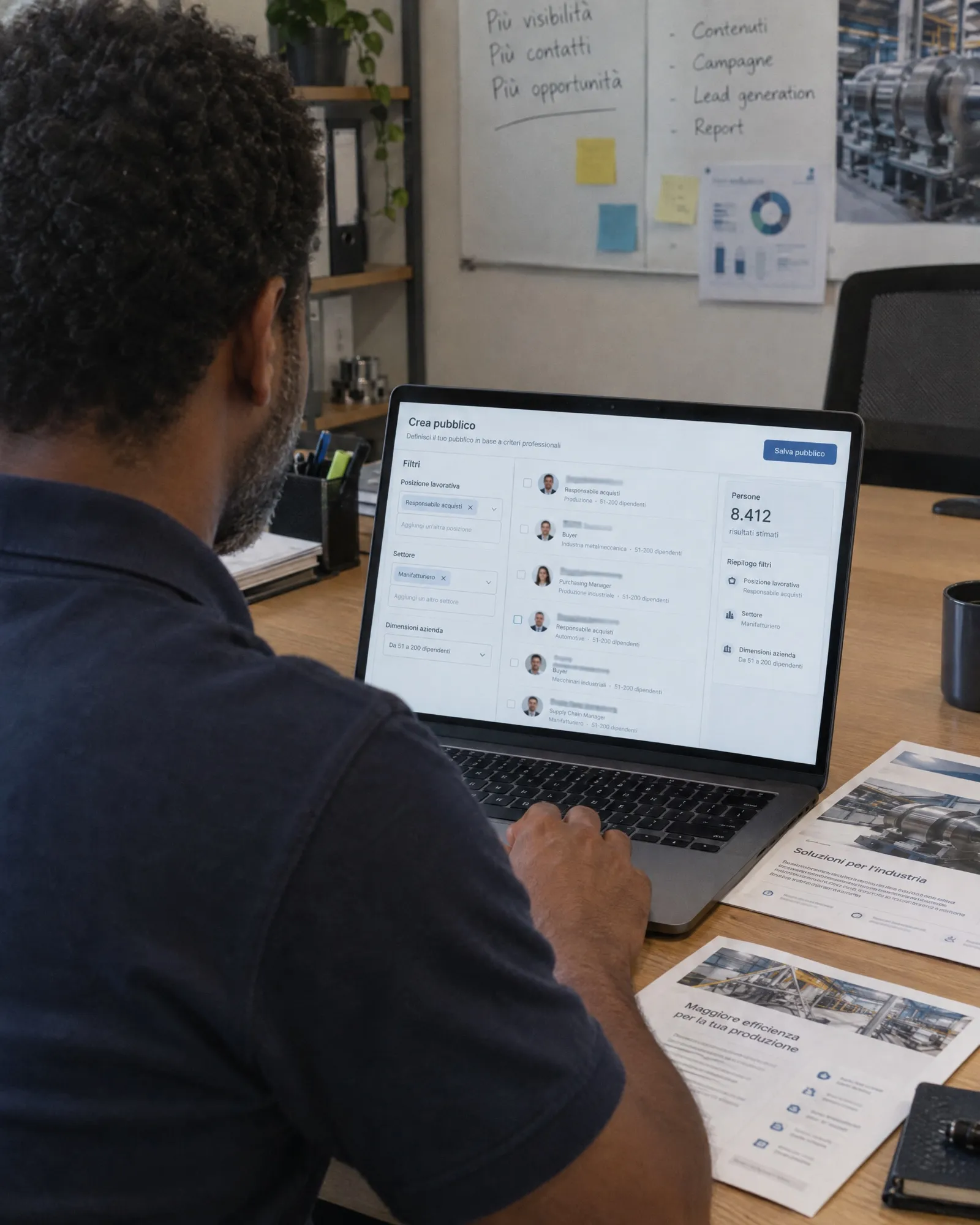 Pubblico LinkedIn filtrato per ruolo e settore sul portatile