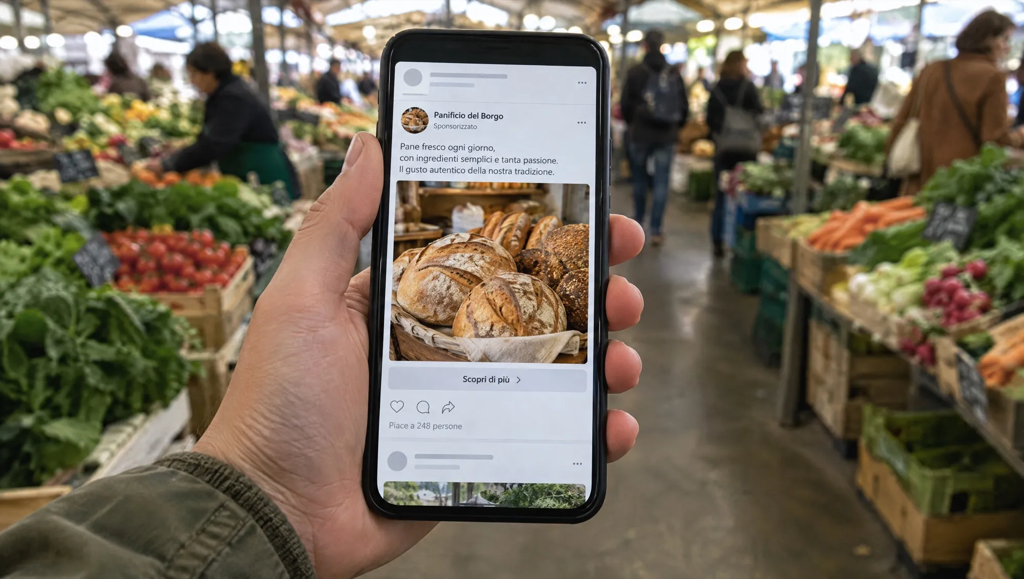 Feed Instagram su telefono con un annuncio in evidenza