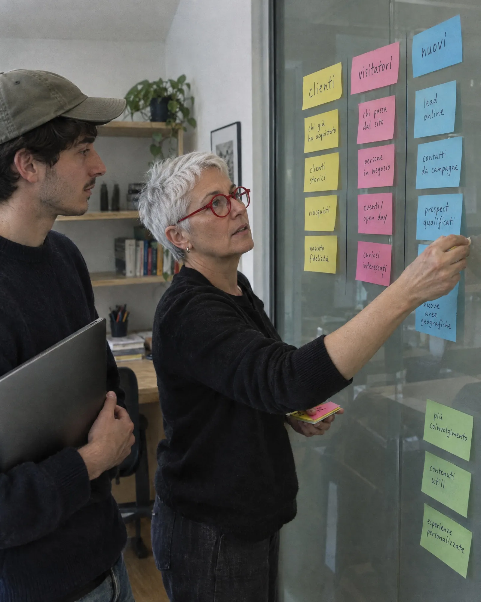 Tre telefoni con tre annunci diversi e i pubblici su post-it