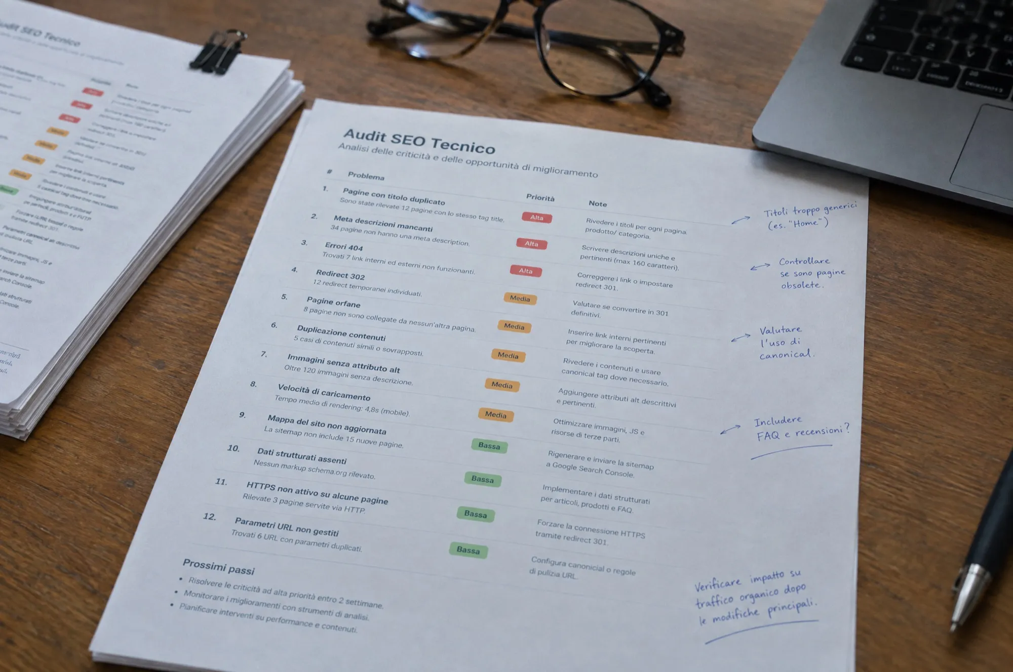 Pagina dell'audit tecnico con le priorità colorate