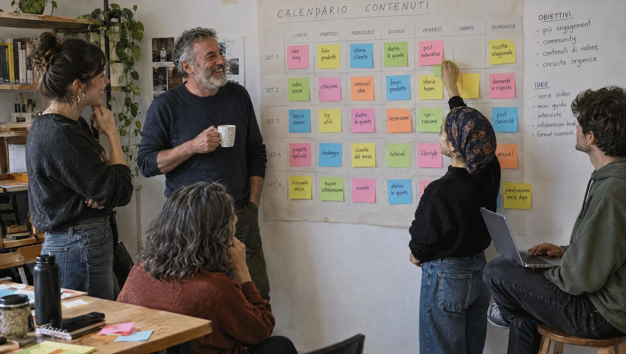 Riunione informale del team davanti a una lavagna con post-it