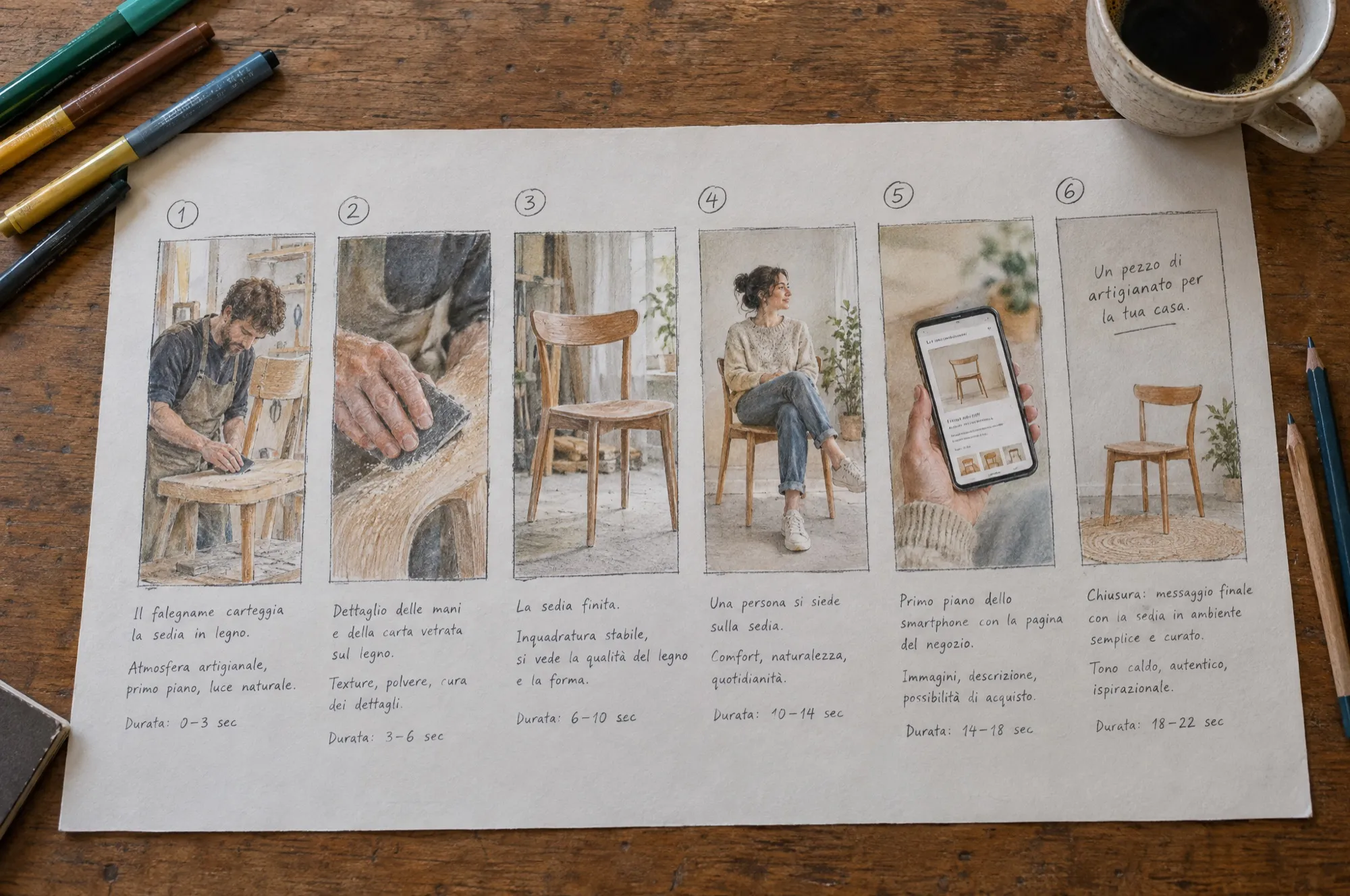 Storyboard di uno spot verticale, riquadri disegnati a mano