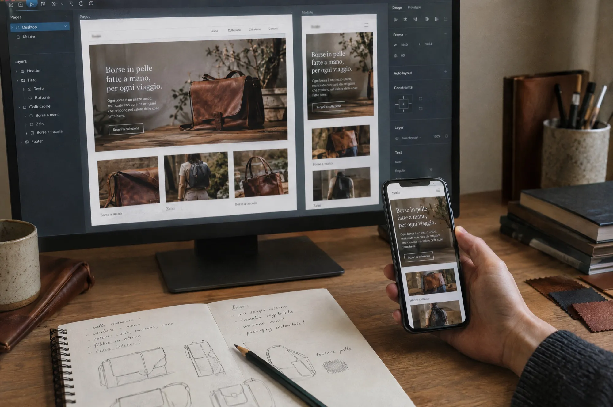 Schermate del design finito su desktop e telefono
