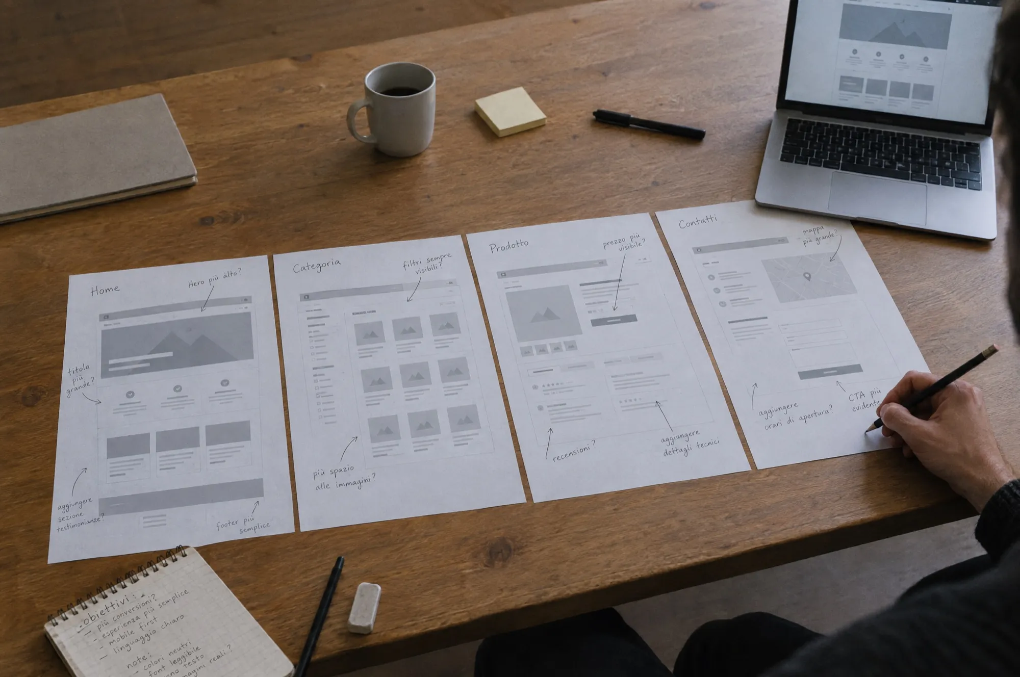 Wireframe delle pagine principali affiancati